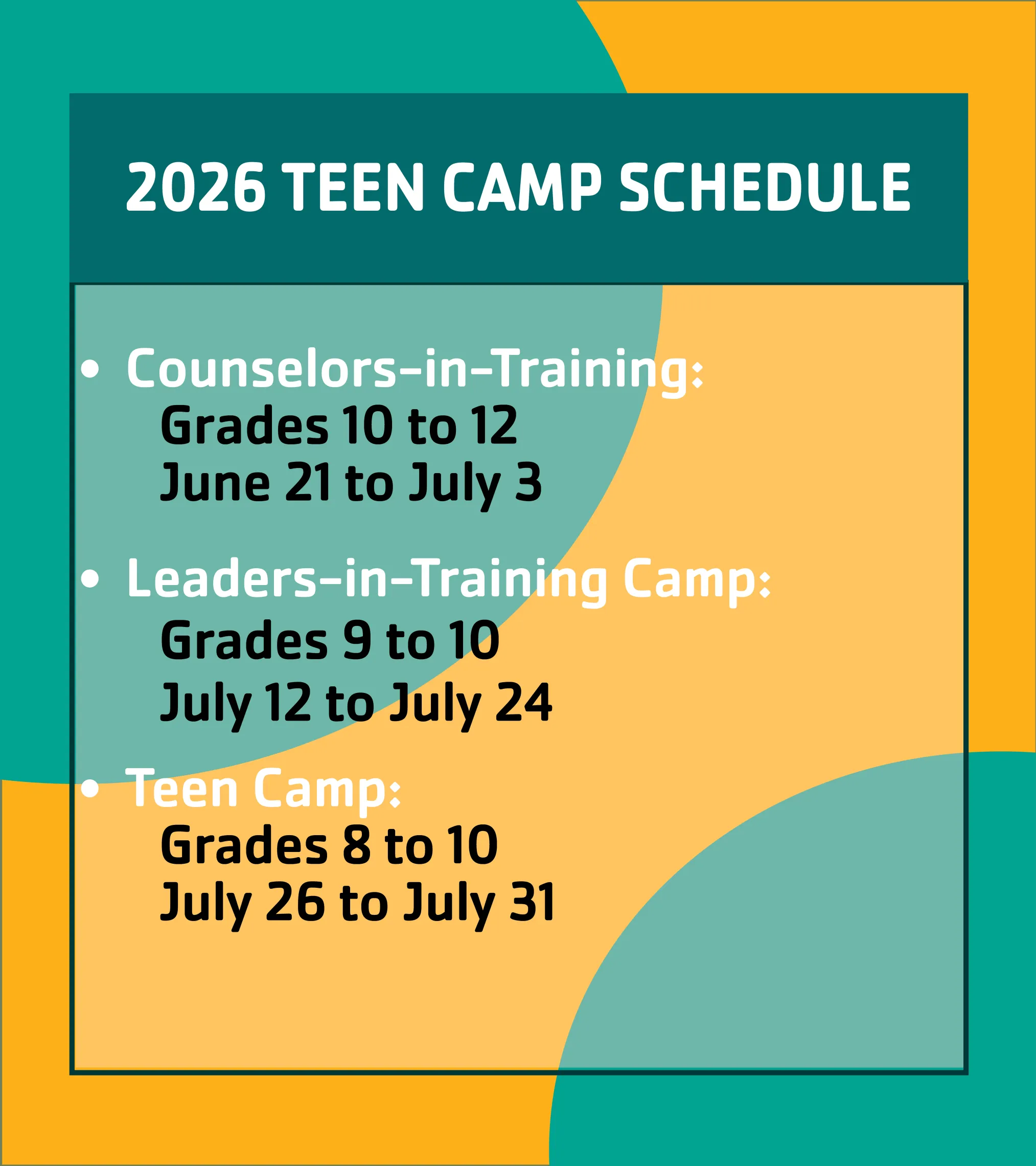 2026 teen camp schedule